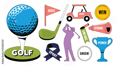 Colorful Golfing Illustration Featuring Ball, Cart, Flag, Golfer, Trophy, Club, and Related Game Elements