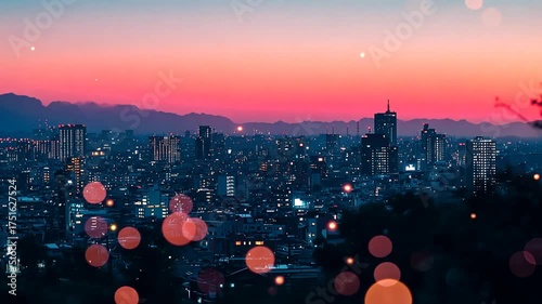 Breathtaking panoramic view of vibrant city skyline at sunset with sparkling lights and beautiful bokeh for urban travel atmospheric visual design concept