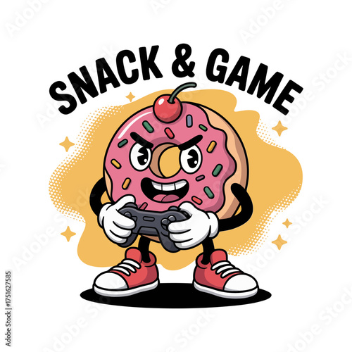 Snack and game donut mascot, cute pastry holding controller, fun gamer humor, playful junk food vector illustration