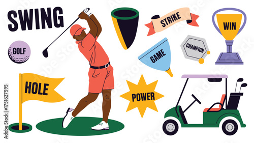 Colorful Golfing Elements Man Swinging, Golf Cart, Trophy, Words Like Swing, Strike, Power, Win