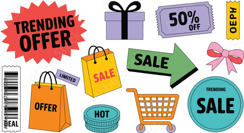 Colorful Illustration of Trending Offers, Sales, Deals, and Discounts, Perfect for Retail Marketing