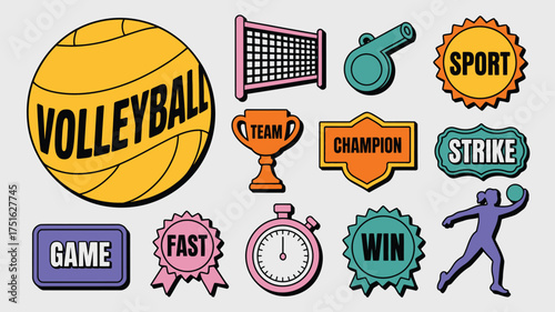 Colorful Illustration Volleyball, Net, Trophy, Whistle, Champion, Game, Fast, Strike, and Player Silhouette