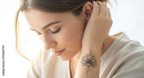 Calm and introspective young woman with a delicate black line art lotus flower tattoo on her wrist looking down peacefully in soft natural light
