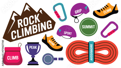 Colorful Rock Climbing Equipment Illustration Rope, Carabiners, Helmets, Shoes, Bag, Belay Device and Summit Icon