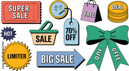 Colorful Sales Icons Super Sale Ticket, Limited Time Offers, Free Bag, Discounts, Big Sales!