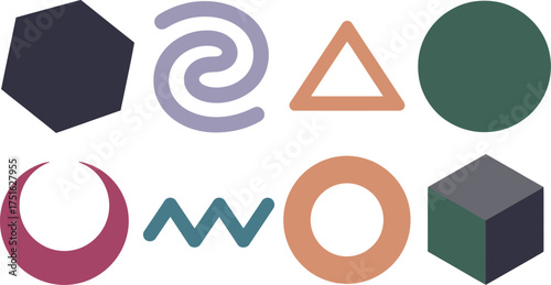 Colorful Shapes Illustration Hexagon, Swirl, Triangle, Circle, Crescent, Zigzag, Ring, Cube