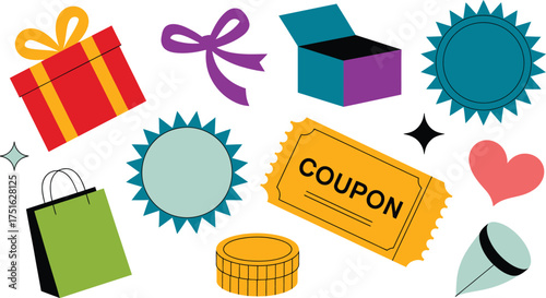 Colorful Shopping Elements Gift Box, Coupon, Shopping Bag, Bow, Open Box, Sunbursts, and More