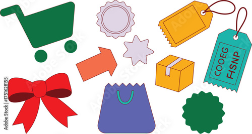 Colorful Shopping Icons Cart, Gift Bow, Arrow, Bag, Price Tags, Stars, and Shipping Box