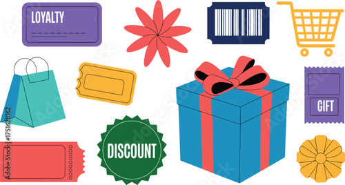 Colorful Shopping Icons Gift Box, Cart, Discount, Loyalty Card, Tickets, and More, Flat Design
