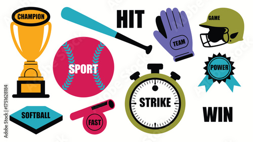 Colorful Softball and Baseball Equipment Icons Glove, Bat, Helmet, Trophy, and Stop Watch Illustration