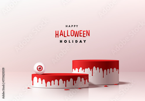 Happy Halloween 3D background dripping red blood on white podium with Human Eye red iris. Abstract composition in minimalist design. Studio display showroom stands pedestal, Fashion stage showcases.