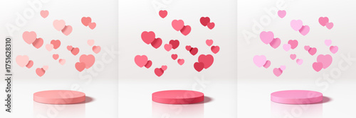 Set of 3D valentine day background pink, red, white product podium with paper cut heart shape. Abstract composition minimalist design. Studio display showroom stands pedestal, Fashion stage showcases.