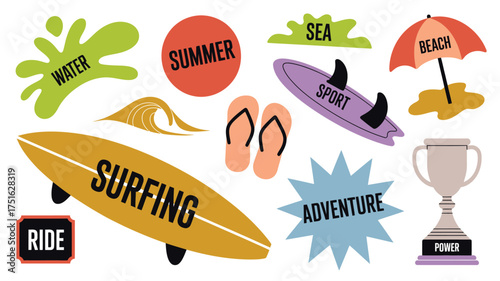 Colorful Summer Beach Vibes Surfing, Sea, Water, Adventure, and Sport Clipart Illustration Set