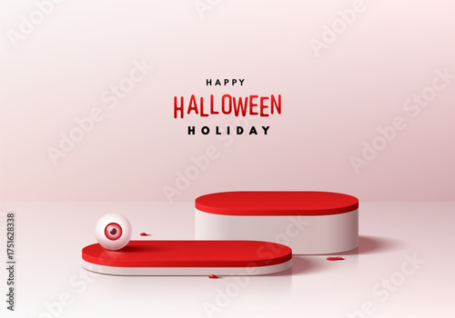 Happy Halloween 3D background red top on white round podium with Human Eyeball red iris. Abstract composition in minimalist design. Studio display showroom stands pedestal, Fashion stage showcases.