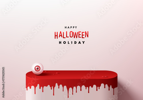 Happy halloween 3D background dripping red blood on white podium with Human Eye red iris. Abstract composition in minimalist design. Studio display showroom stands pedestal, Fashion stage showcases.