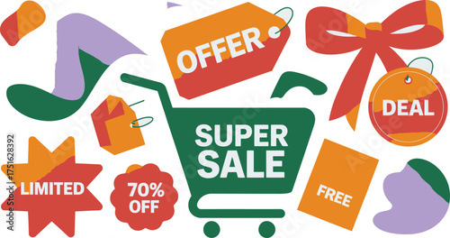 Colorful Super Sale with Shopping Cart, Offer, Deal, Limited, Free and 70% Off Tags