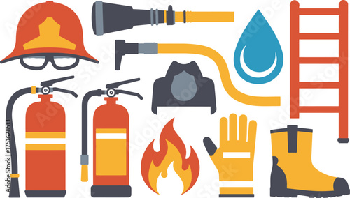 Firefighter Equipment Clipart Helmets, Extinguishers, Hose, Boots, Ladder, and Fire Illustration