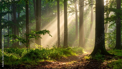 Sunlight streams through trees in a lush, green forest