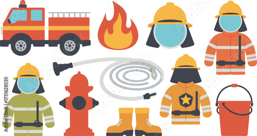 Firefighter Cartoon Graphics Featuring Truck, Fire, Hydrant, Hose, Boots, Helmet, Uniform, and Bucket