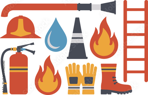 Firefighter Equipment Helmet, Hose, Extinguisher, Ladder, Water Drop, Fire, and Protective Gear