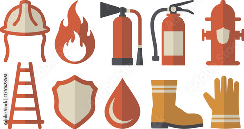 Firefighting Equipment Illustration Helmet, Fire, Extinguishers, Hydrant, Ladder, Shield, Drop, Boots, Glove