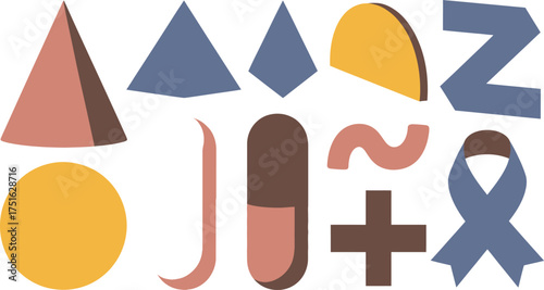 Geometric Shapes Illustration Cones, Triangles, Circle, Arcs, Letter Z, Plus Sign, and Ribbon