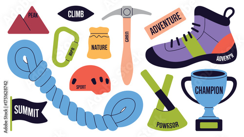 Hiking and Climbing Equipment Illustration Rope, Boot, Carabiner, Helmet, Ice Axe, and Champion Trophy