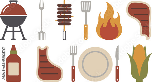 Illustrated BBQ Party Elements Grill, Skewers, Steak, Sauce, Utensils, Plate and Corn on the Cob