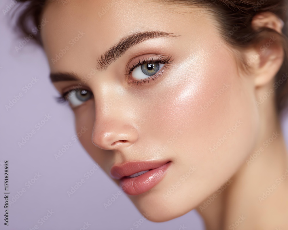 Fototapeta premium Sunlit beauty Close-Up Portrait of Woman with Radiant Skin and Natural Makeup golden glow