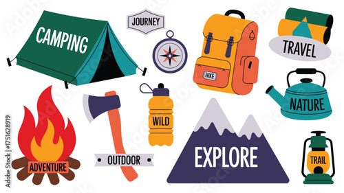 Illustrated Camping and Hiking Adventure Tent, Backpack, Campfire, Axe, Water Bottle and Mountains
