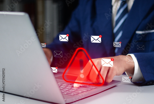 New email notification and internet communication concept, Email inbox alert and spam virus with warning, email security protection alert, email technology icon, junk mail compromised information.
