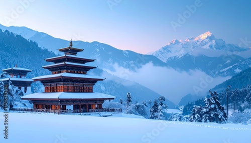 Wallpaper Mural Midwinter Meditation (Bhutan), temple in snow, soft blue gradient Torontodigital.ca