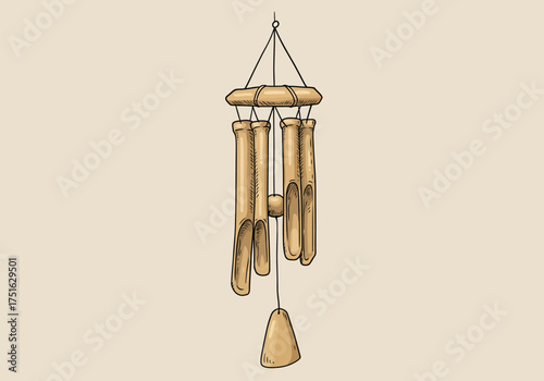 A bamboo wind chime hangs with several tubes and a bell