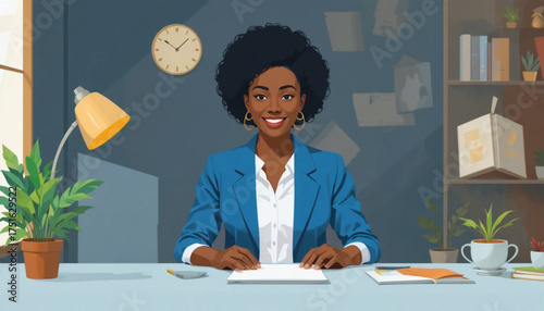 African woman entrepreneur working at desk, confident pose, minimal flat design, professional lifestyle vector. Ai Generate 