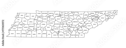 State of Tennessee, subdivided into 95 counties, outline map with borders and county names. Landlocked state in the Southeastern region of the United States, nicknamed The Volunteer State. Vector