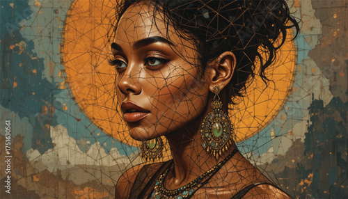 Stylish African woman portrait in geometric vector shapes, warm earthy tones, fashion-inspired illustration, bold line art. Ai Generate 