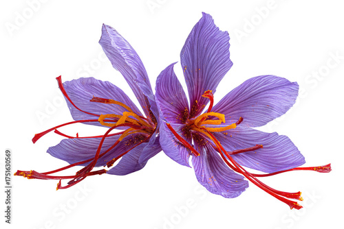 Close-up of two vibrant saffron flowers
