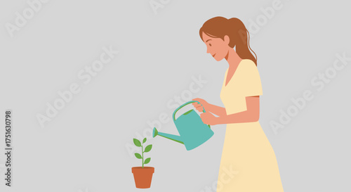 A young woman tending to a small plant in a terracotta pot with a watering can on a light grey background, symbolizing growth and care