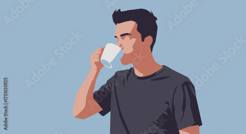Relaxed young man enjoying a quiet moment, thoughtfully sipping a warm beverage from a ceramic mug, depicted in a modern vector illustration style against a clean, light blue background
