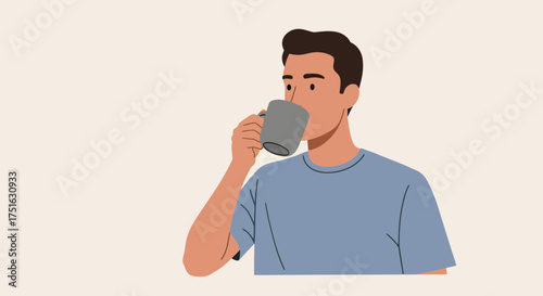 Illustration of a young man enjoying a quiet moment while sipping a hot beverage from a mug, concept of a relaxing break