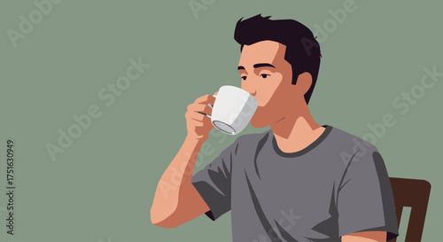 A young man sits and enjoys a warm beverage from a white mug in a simple, flat vector illustration style, perfect for concepts of relaxation and daily routines