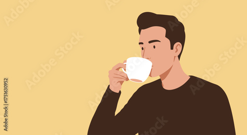 Man enjoying a warm beverage in a white cup, highlighting a moment of relaxation and comfort with a plain background