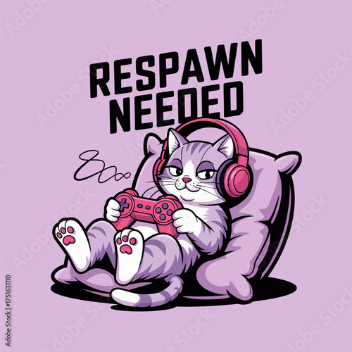 respawn needed cat, lazy gamer mood, headphones and handheld, purple beanbag seat, humorous streaming downtime cartoon vector