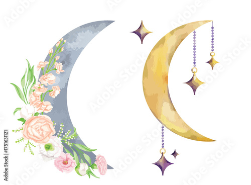 Watercolor composition in the lunar style. Moon with stars on ropes and flora elements. Image for design, printing, etc.