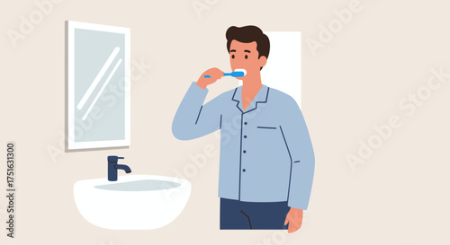 Man Brushing Teeth in Bathroom Mirror Illustration