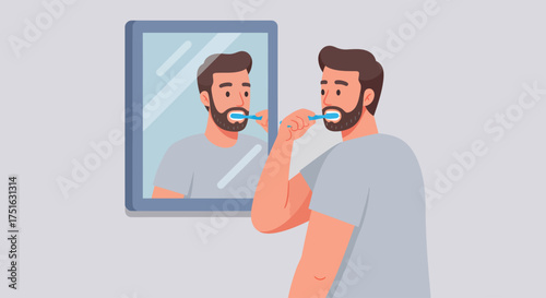 Man brushing teeth in front of a mirror with a toothbrush, morning routine for dental hygiene and oral care