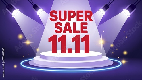 Bright 11.11 super sale background with glowing stage lights, confetti, and bold red text, perfect for online shopping promotions.