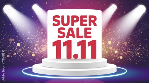 Bright 11.11 super sale background with glowing stage lights, confetti, and bold red text, perfect for online shopping promotions.
