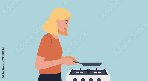 Woman cooking on a gas stove with a frying pan, preparing a meal in the kitchen