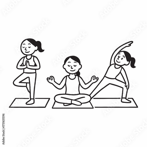 Group yoga class with three stick figure women demonstrating poses for wellness